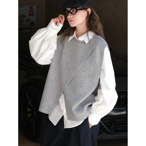 HXL秋季新款韩版设计感不规则开叉马甲挺括显瘦叠穿宽松上衣女