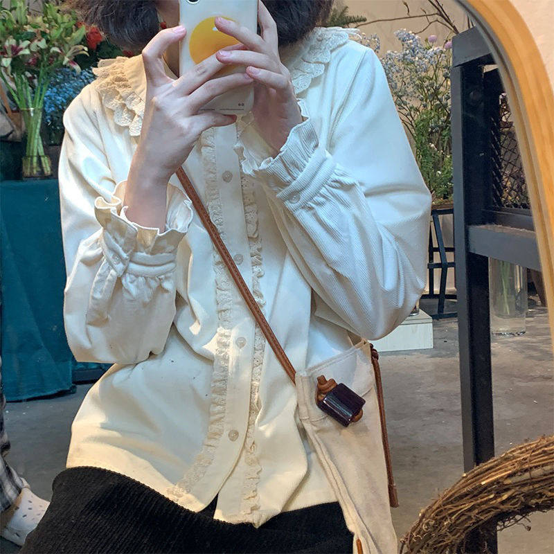 春季日系软妹可爱复古花边娃娃领长袖lolita内搭衬衫女上衣打底衫