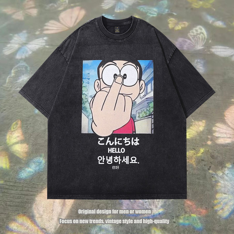 TKPA原宿街头潮牌卡通印花重磅纯棉水洗做旧oversize短袖t恤男女