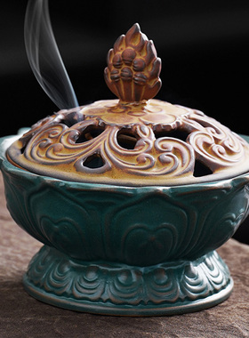高脚佛莲盘香炉茶道陶瓷