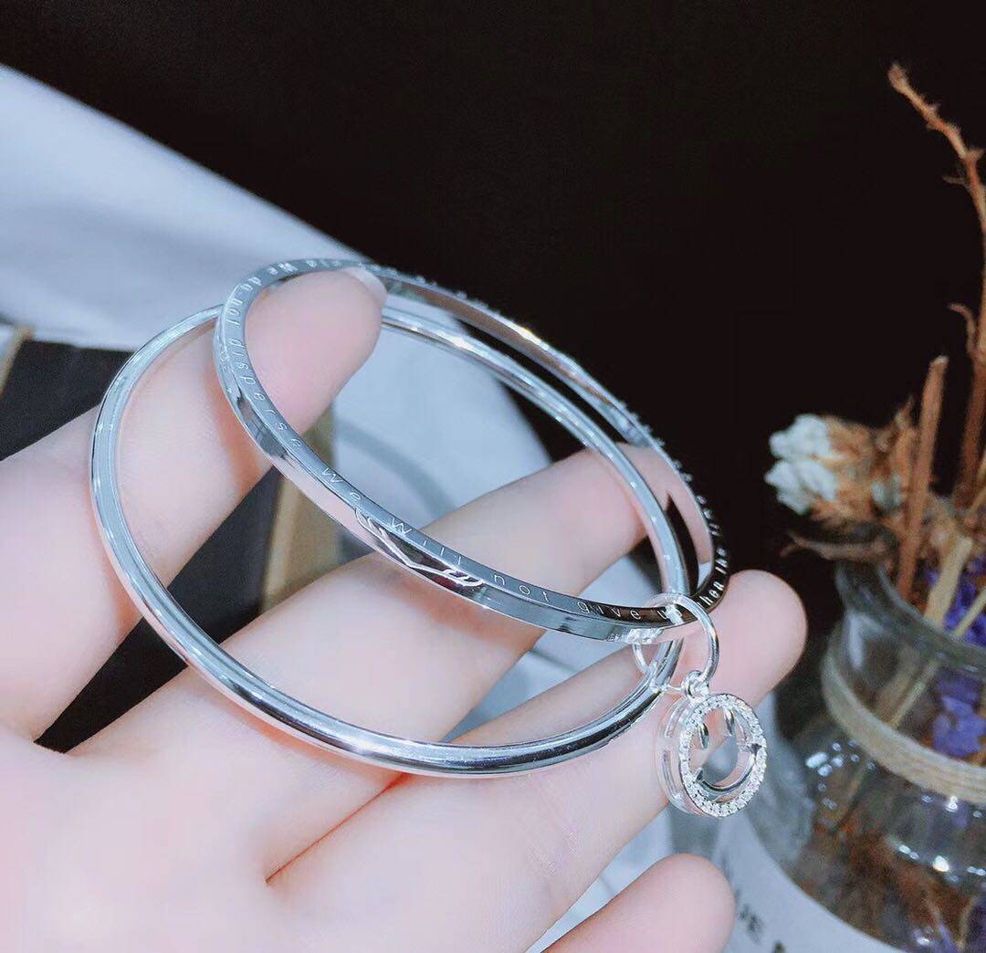 9999银一路（鹿）有你英文镶钻笑脸双环纯银女手镯时尚送闺蜜女友