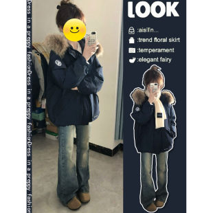 冬季OOTD中长款oversize毛领工装棉衣+加绒牛仔裤女超好看一整套