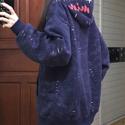 藏青色彩星空做旧复古连帽卫衣