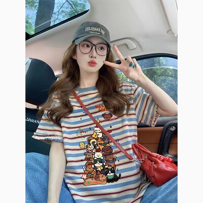 红蓝条纹可爱宽松纯棉短袖T恤