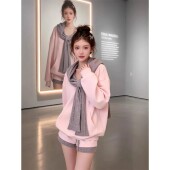 女 套装 巨好看独特漂亮韩系冬装 一整套ootd穿搭粉色一字肩卫衣短裤