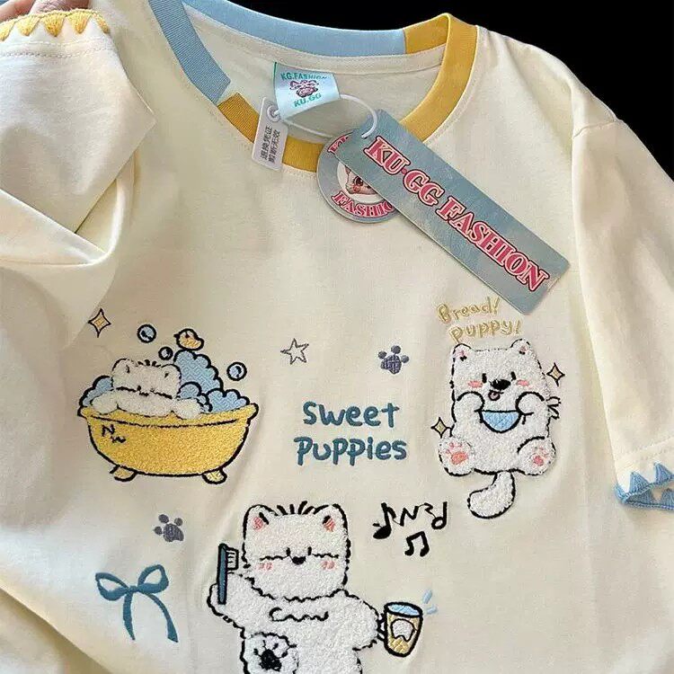 今年流行的漂亮t恤女夏韩系刺绣小猫别致撞色设计感小众短袖上衣