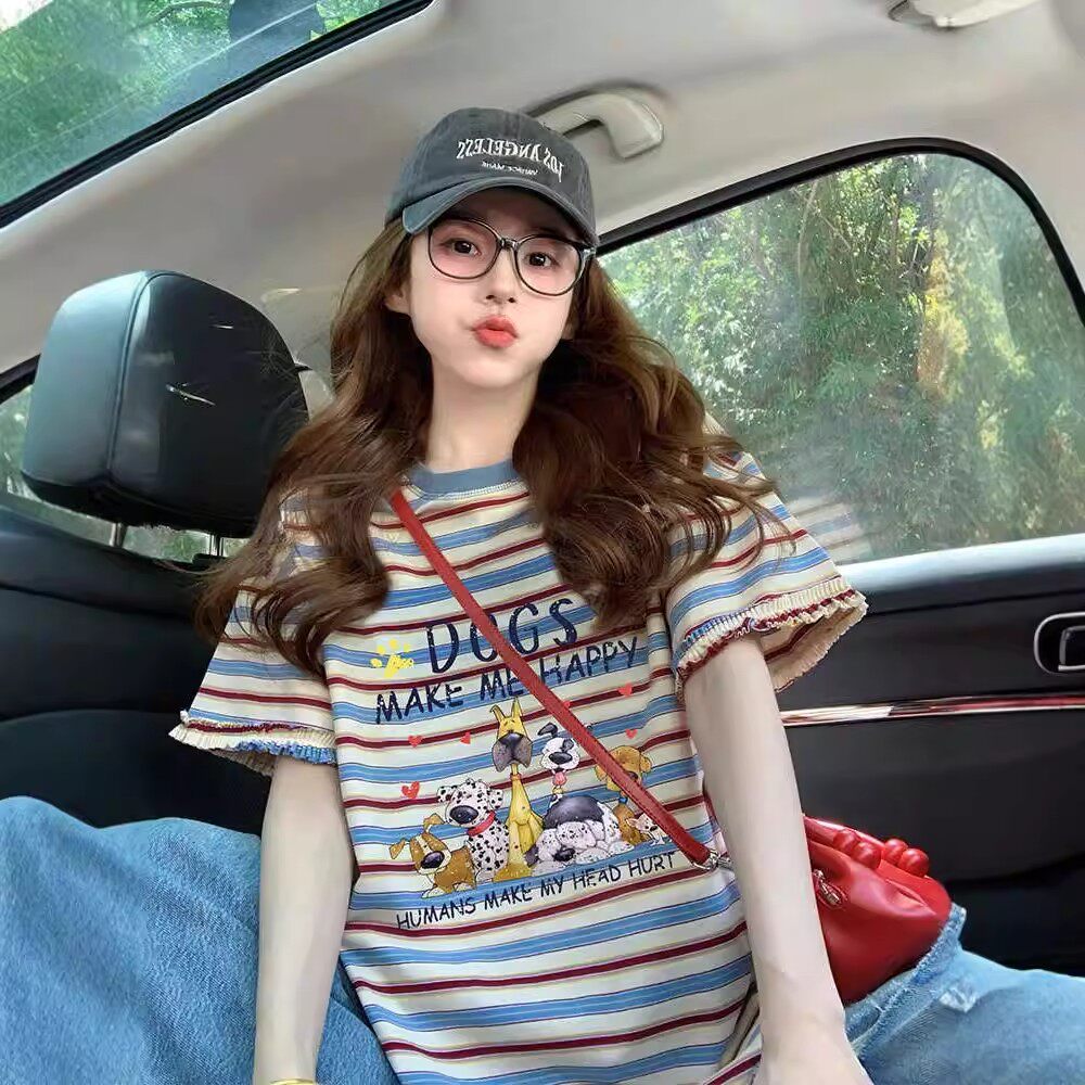 美式花边条纹短袖t恤女2026新款夏季宽松设计感小众减龄撞色上衣