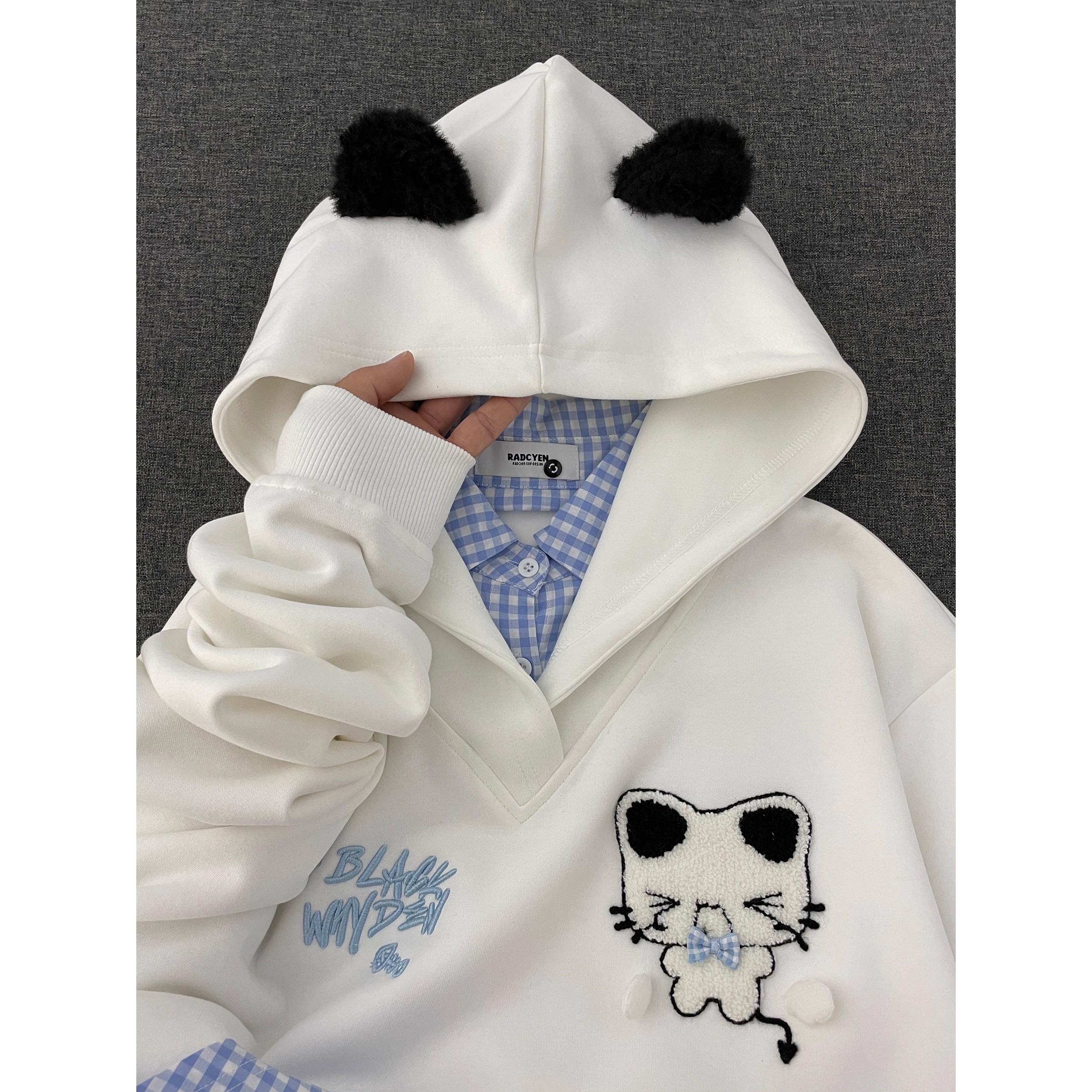 刺绣小狗格子假两件polo领卫衣女2025新款秋季韩系学院风连帽外套