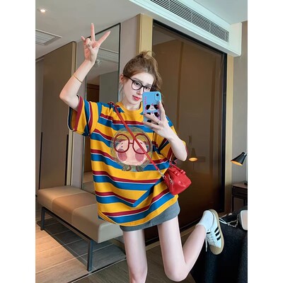 橙色撞色条纹纯棉短袖T恤女