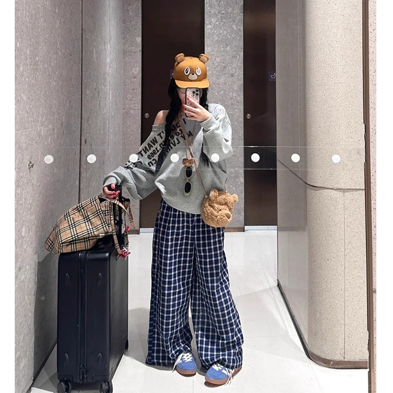 美式斜肩卫衣女2025新款春秋宽松慵懒风设计感辣妹露肩格子两件套