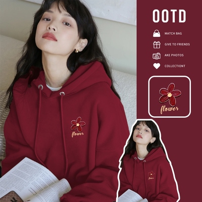 酒红色加绒加厚连帽卫衣女新款2025爆款时尚洋气宽松oversize外套