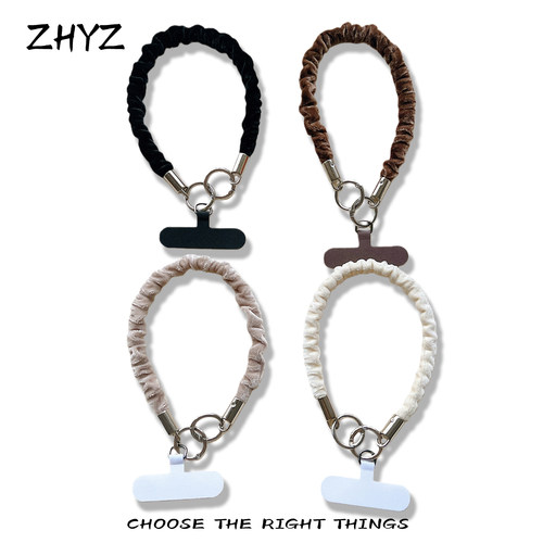 秋冬简约绒布褶皱丝绸挂绳短款手腕短绳带夹片手机壳CCD相机手提