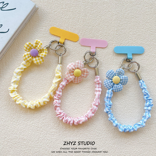 ins高级格子花朵褶皱手机挂绳短绳手腕绳带夹片短款手绳ccd相机女