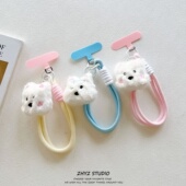 卡通毛绒西高地狗狗手机挂绳编织腕带手提短绳带夹片壳相机钥匙扣