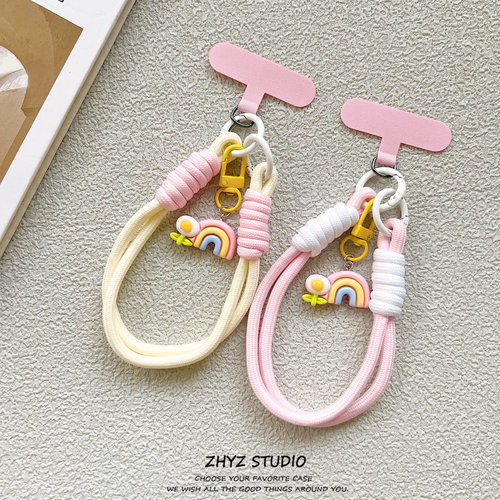 手机挂绳清新花朵彩虹挂件短款手腕短绳带夹片CCD相机钥匙扣手提