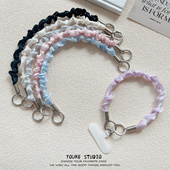 简约高级感褶皱丝绸挂绳短款 手腕短绳带夹片手机壳CCD相机手提款