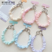 高级感褶皱格子丝绸挂绳短款 手腕短绳带夹片手机壳CCD相机手提款