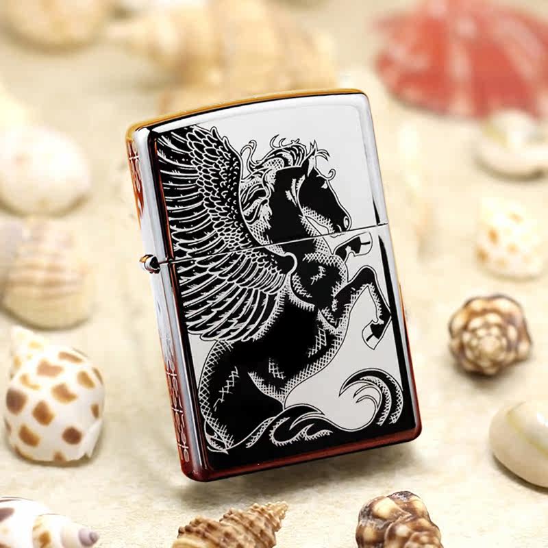 zippo打火机正版防风黑冰雕刻双面飞马28802煤油男五面精雕 炫酷