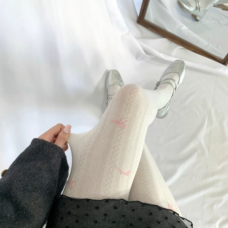 白色秋冬蝴蝶结菱格打底连裤袜