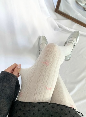 新款白色连裤袜女秋冬蝴蝶结印花外穿袜子菱格竖纹jk打底裤袜女