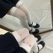 甜美卡通表情印花过膝袜女夏季 可爱白色长筒袜日系jk大腿丝袜