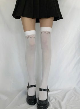 日系春秋薄款JK印花猫咪白色丝袜女学生拼接假高筒过膝打底连裤袜