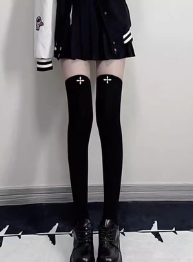 日系可爱天鹅绒印花十字架过膝袜JK黑色大腿袜白色长筒袜韩国ins
