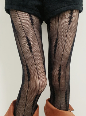 博主同款美式复古咖色丝袜菱形网格渔网袜麻花竖条纹连裤袜搭靴子