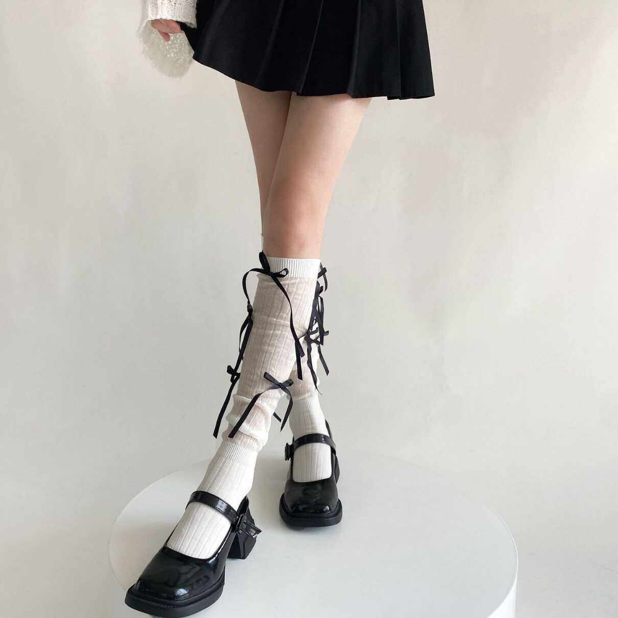 芭蕾风飘带蝴蝶结过膝袜女春秋小众拼接学院风jk堆堆袜甜美小腿袜