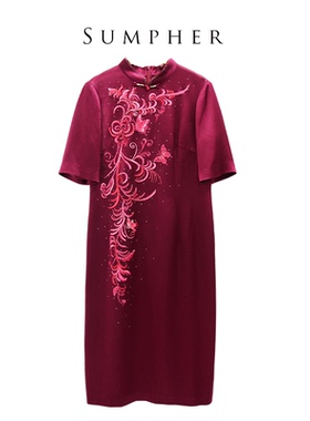 六礼宴会上档次女装高端轻奢喜婆婆品牌礼服酒红色连衣裙-17367