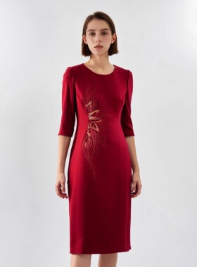 慕天姿专柜折扣精选品牌女装高端时尚气质百搭酒红色连衣裙-17272