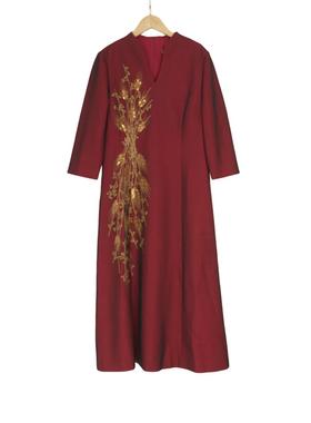 慕天姿精选品牌女装高端时尚气质百搭酒红色连衣裙慕天姿-17319