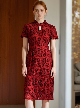 六礼宴会上档次女装高端轻奢喜婆婆品牌礼服深红色连衣裙-17085