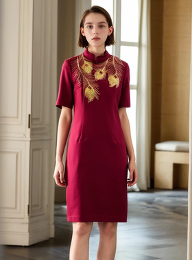 六礼宴会上档次女装高端轻奢喜婆婆品牌礼服深红连衣裙-17298