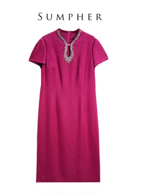 六礼专柜折扣宴会上档次女装高端轻奢喜婆婆礼服玫红连衣裙-17338