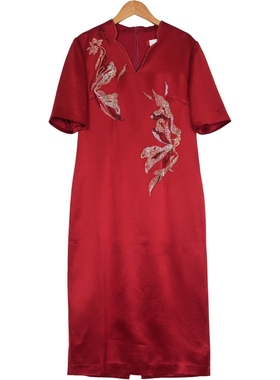 六礼宴会上档次女装高端轻奢喜婆婆品牌礼服酒红色连衣裙-17938