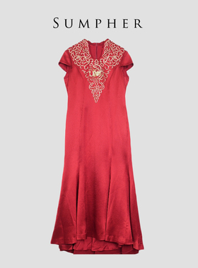 六礼宴会上档次女装高端轻奢喜婆婆品牌礼服酒红色连衣裙-17338