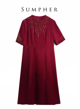 六礼专柜折扣宴会上档次女装高端轻奢喜婆婆礼服酒红连衣裙-17037