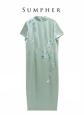 六礼专柜折扣宴会上档次女装高端轻奢喜婆婆礼服绿色连衣裙-17325