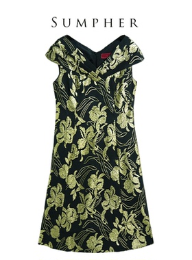 【六礼】A1品牌折扣女装高端洋气百搭气质通勤金色连衣裙-17112