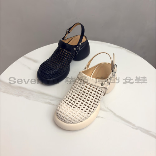 柒予/真皮厚底粗跟镂空罗马凉鞋女夏季新款英伦复古包头松糕凉鞋