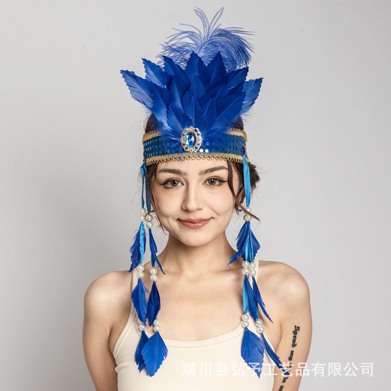 羽毛头带鸵鸟毛亮片镶钻头饰印第安发戴化妆舞会表演演出头戴饰品