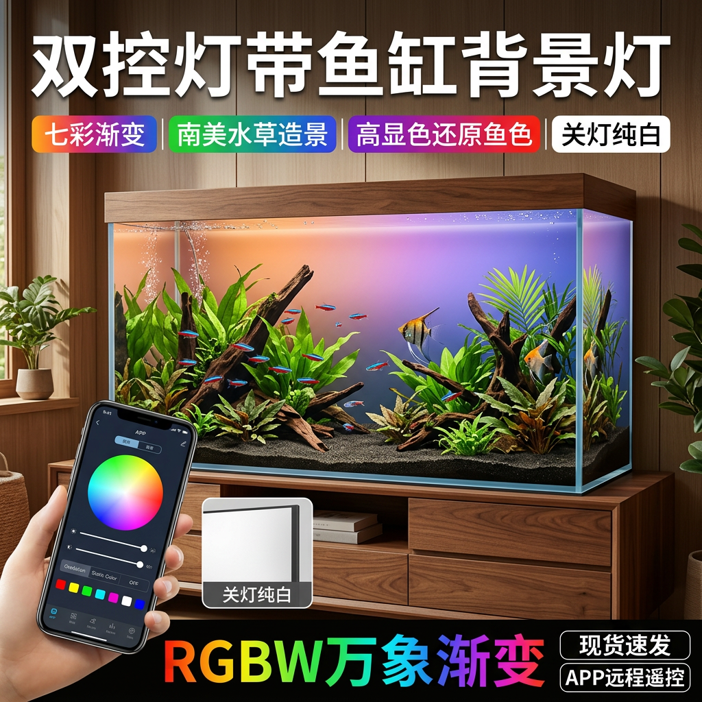 LED鱼缸背景灯板RGBW导光板幻彩渐变色水族箱水草生态缸观赏照明