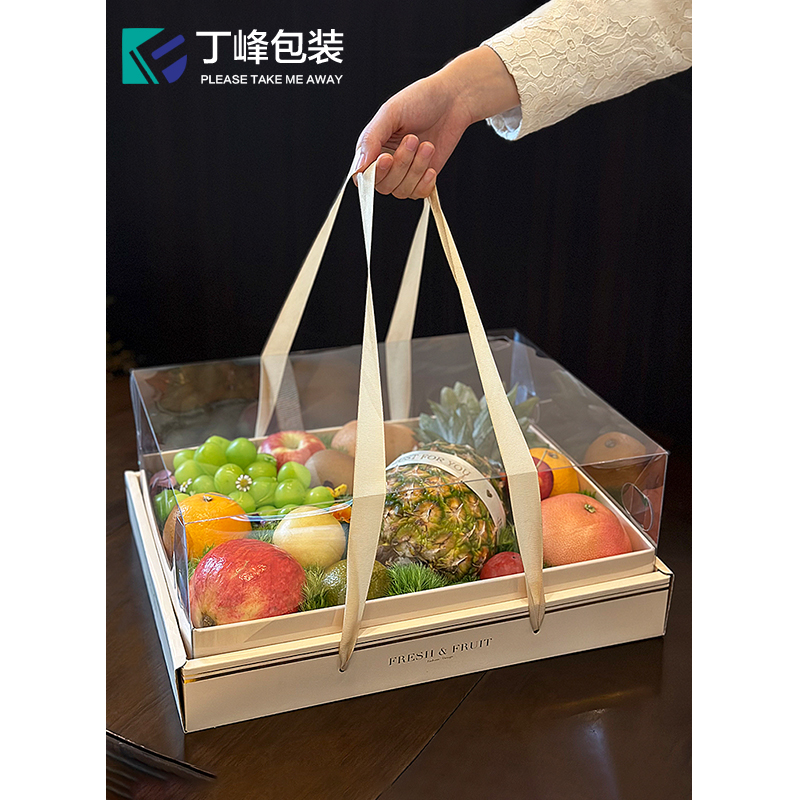 丁峰·透明盖水果包装盒10斤装通用仿木纹透明罩水果礼盒空盒子