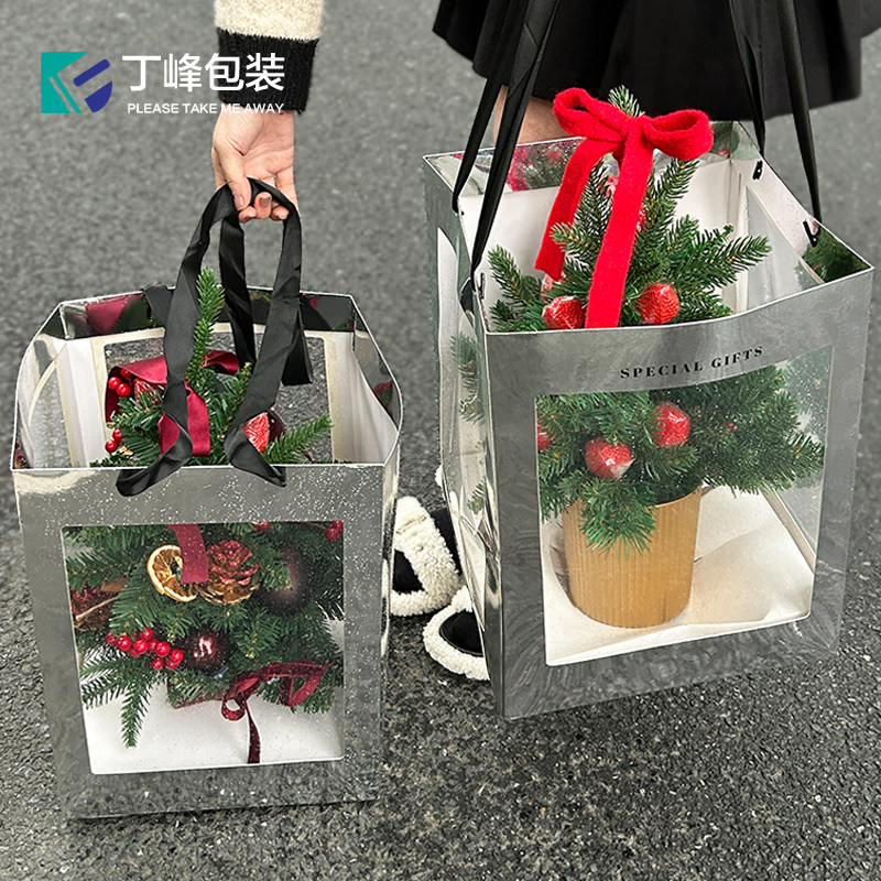 圣诞节礼品袋榴莲水果零食手拎袋圣诞树银卡开窗橱窗袋平安礼物袋