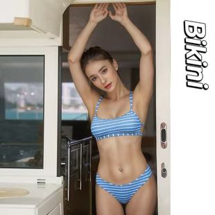 分体游泳衣女士25年蓝白条纹比基尼冲浪性感带胸垫 吴千语同款