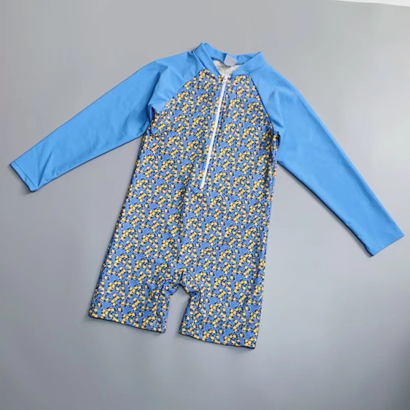 Amber外单 儿童连体泳衣中大童速干平角男童女童长袖冲浪防晒泳装