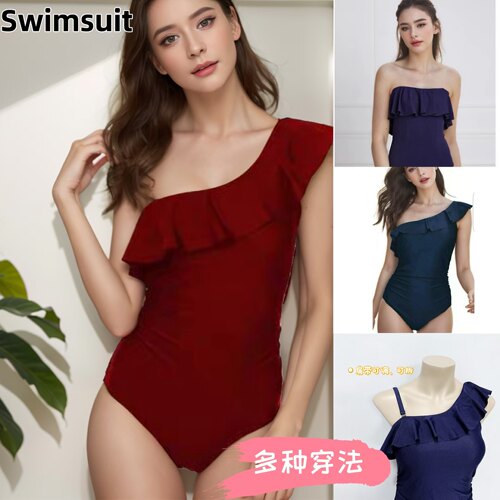 荷叶边连体吊带女士仙女范游泳衣
