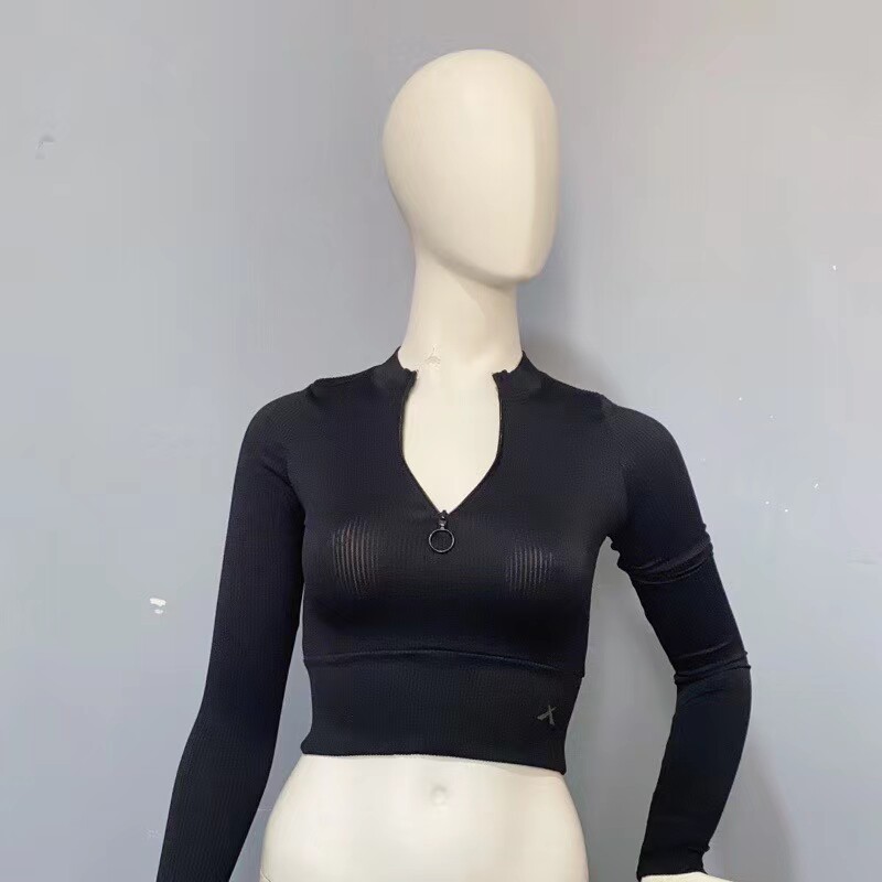 Amber外单 半拉链运动健身服马甲线收腰显瘦训练长袖紧身上衣无垫