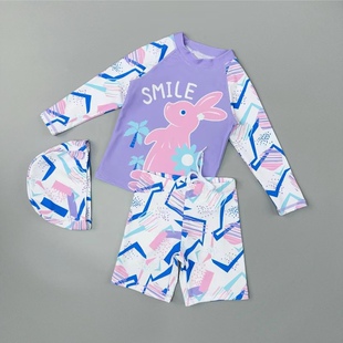 Amber 女童长袖分体泳衣三件套温泉防晒游泳馆专用 送泳帽 中大童
